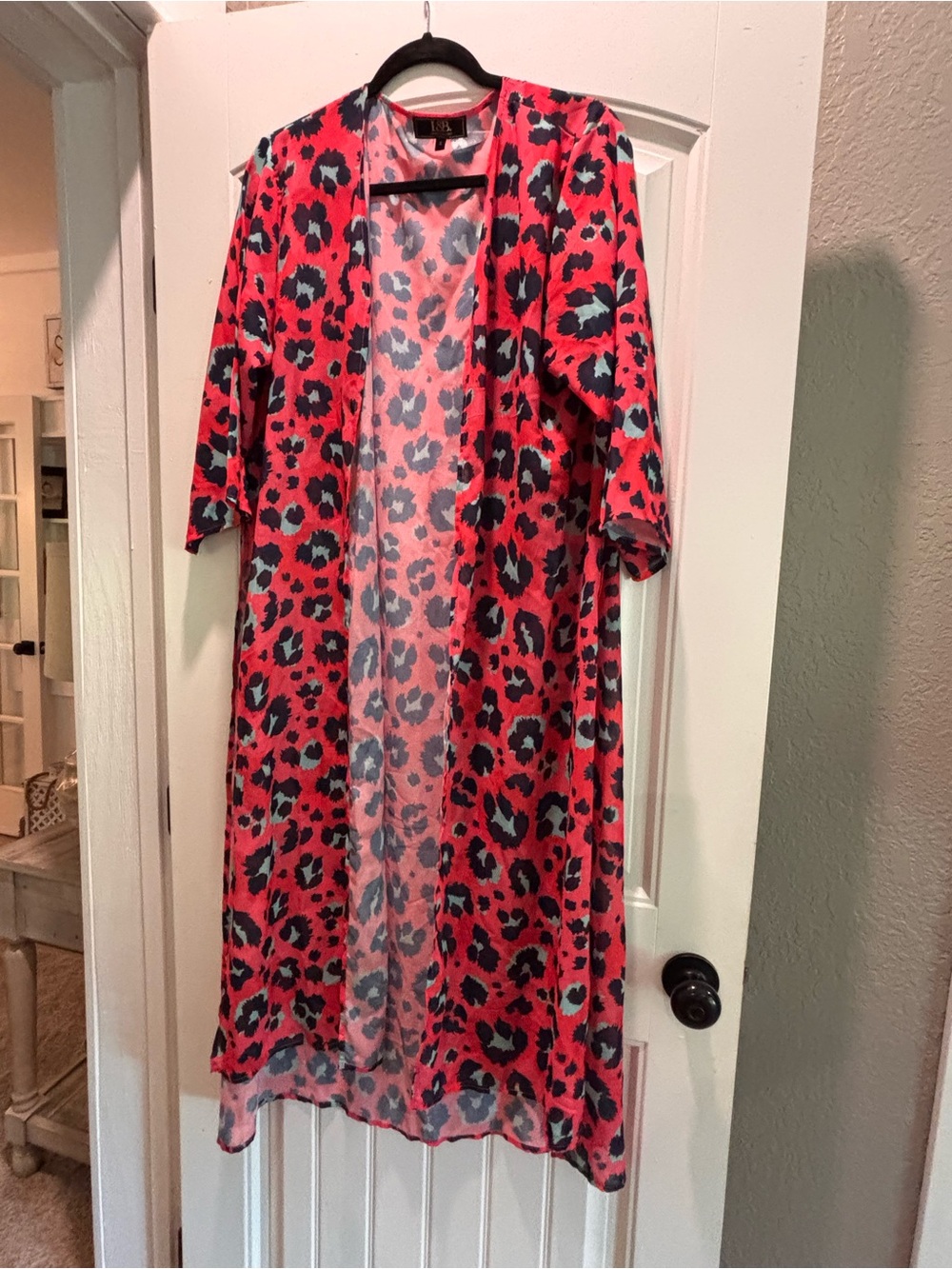 Lucky & Blessed Coral Leopard Print Sheer Duster Kimono Small Boutique